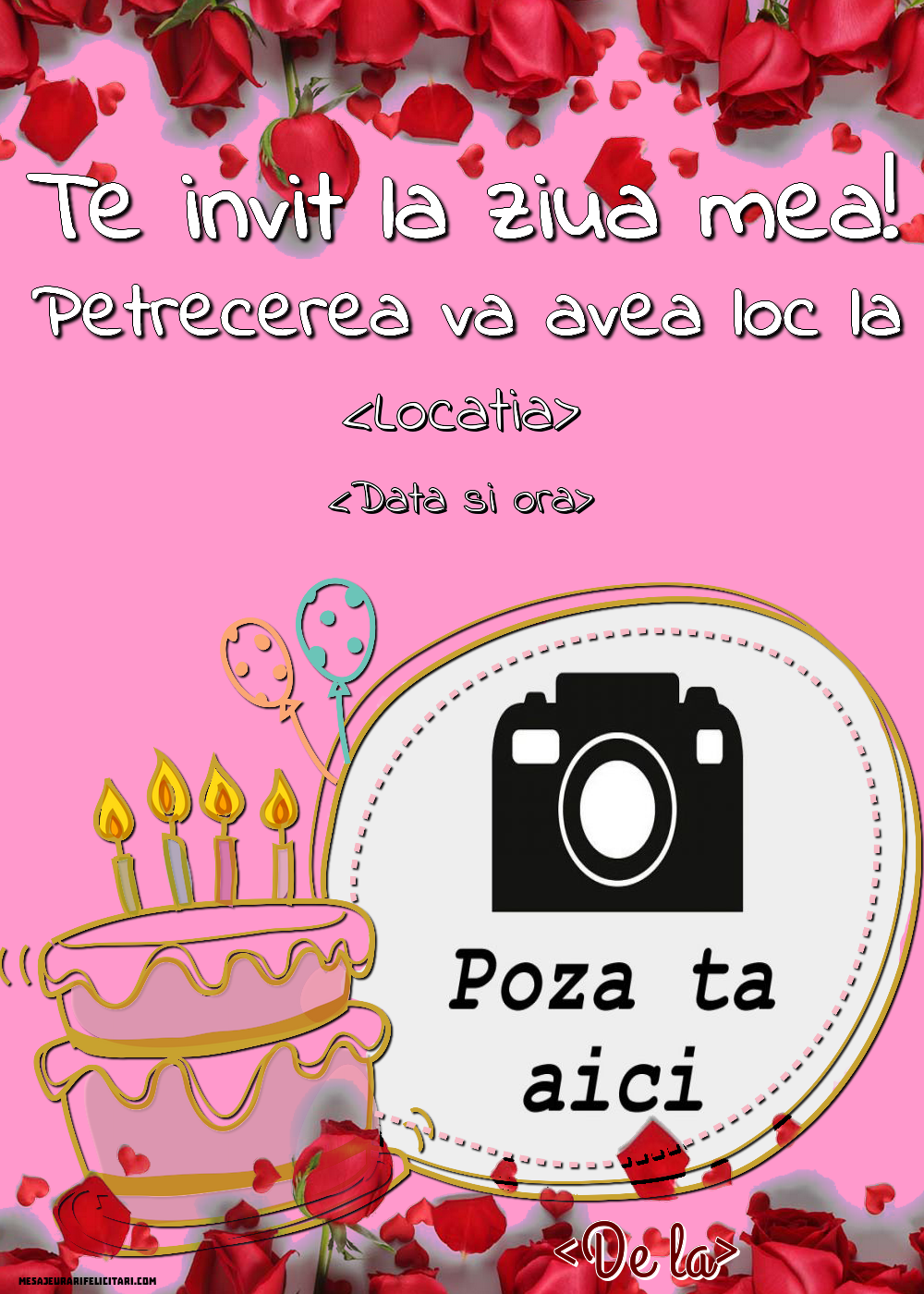 Felicitare personalizată cu trandafiri roșii și poza ta fotografia ta | Personalizare invitatii la zi de nastere
