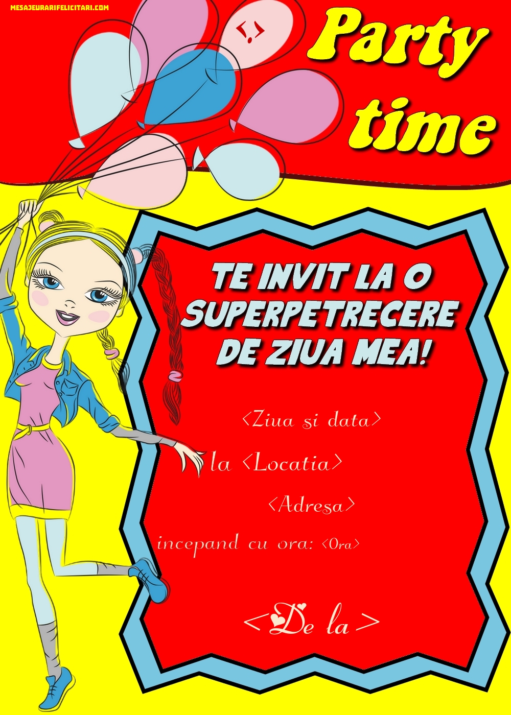 Texte Invitatii Zi De Nastere Copii Haioase Invitatie de zi de nastere pentru fete cu baloane | Personalizare