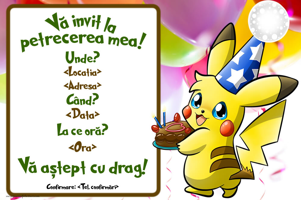 Text Invitatie Zi De Nastere Copii Invitatie tema Pokemon | Personalizare invitatii la zi de naștere copii