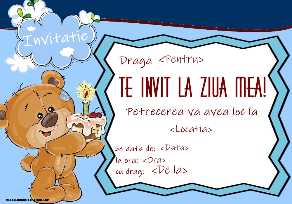 Invitație pentru copii cu ursuleț si tort | Personalizare invitatii la zi de naștere copii