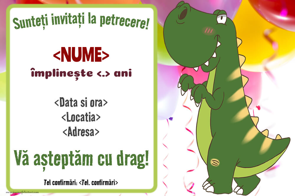 Invitație simplă cu dinozaur | Personalizare invitatii la zi de naștere copii
