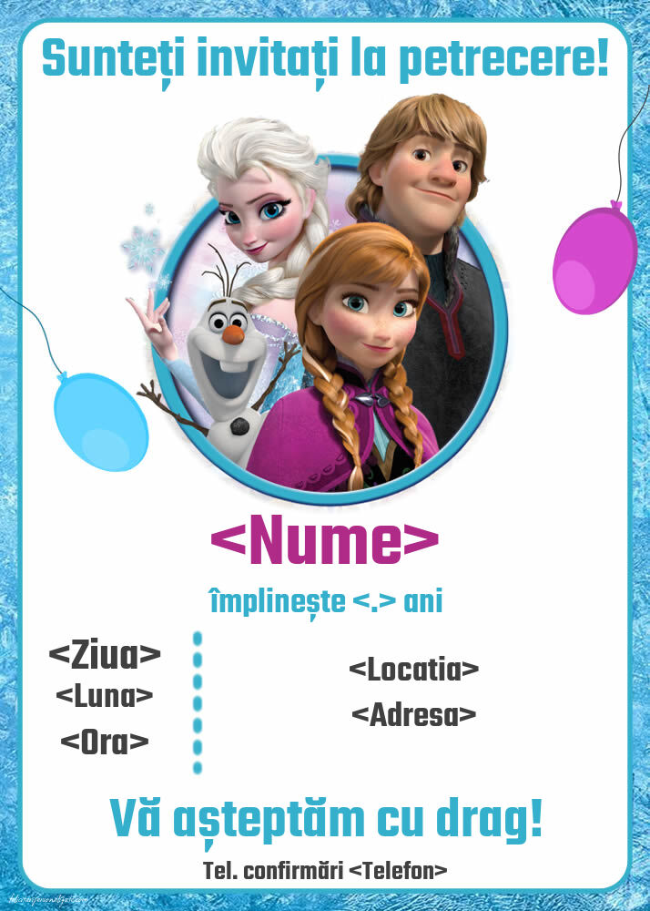 Invitație petrecere cu Elsa, Anna, Olaf, Kristoff din Frozen | Personalizare invitatii la zi de naștere copii