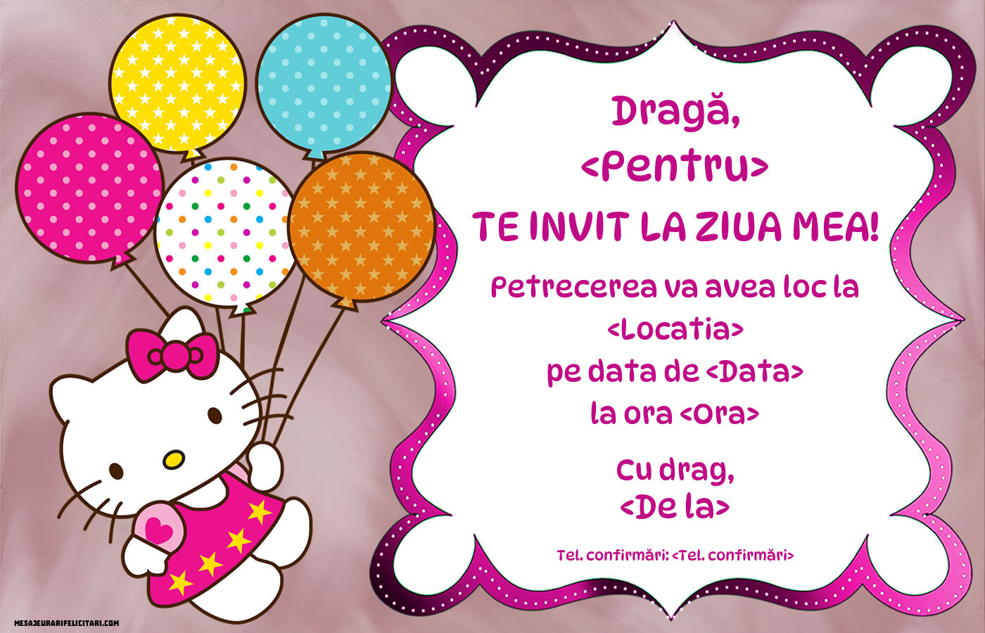 Invitație cu Hello Kitty pentru fete | Personalizare invitatii la zi de