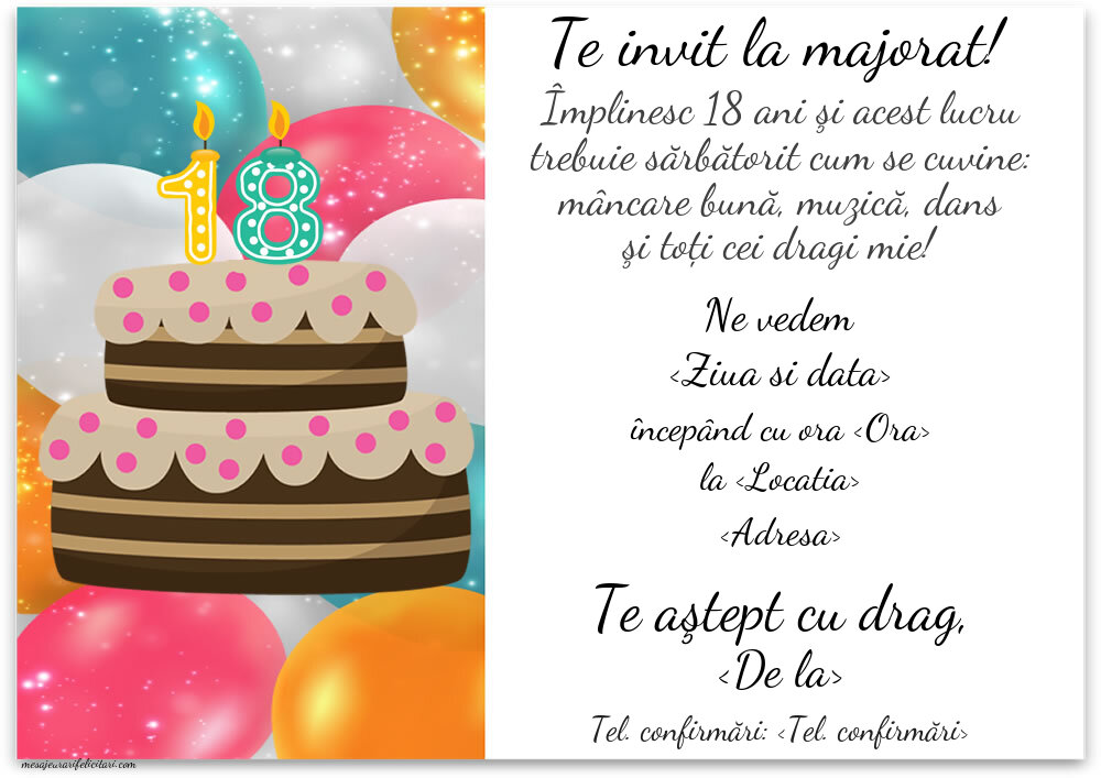 Aniversare 18 ani: Invitație simplă cu baloane și tort | Personalizare invitatii la Majorat - 18 ani