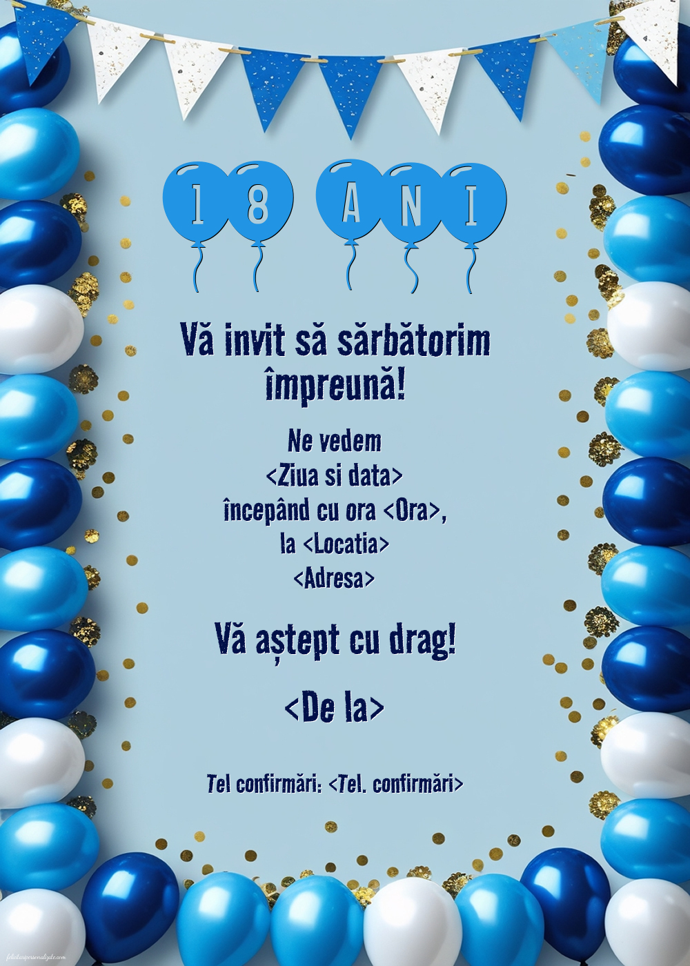 Model invitație majorat băieți cu baloane albastre și albe | Personalizare invitatii la Majorat - 18 ani