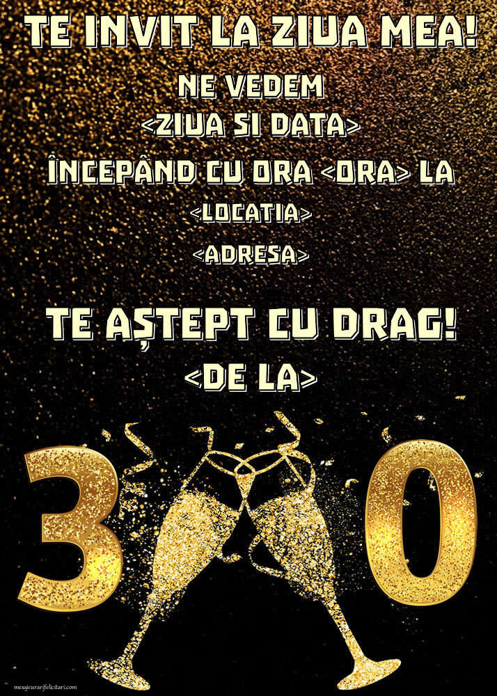 Invitatie aniversare 30 ani model cu șampanie pentru bărbați | Personalizare invitatii la zi de nastere