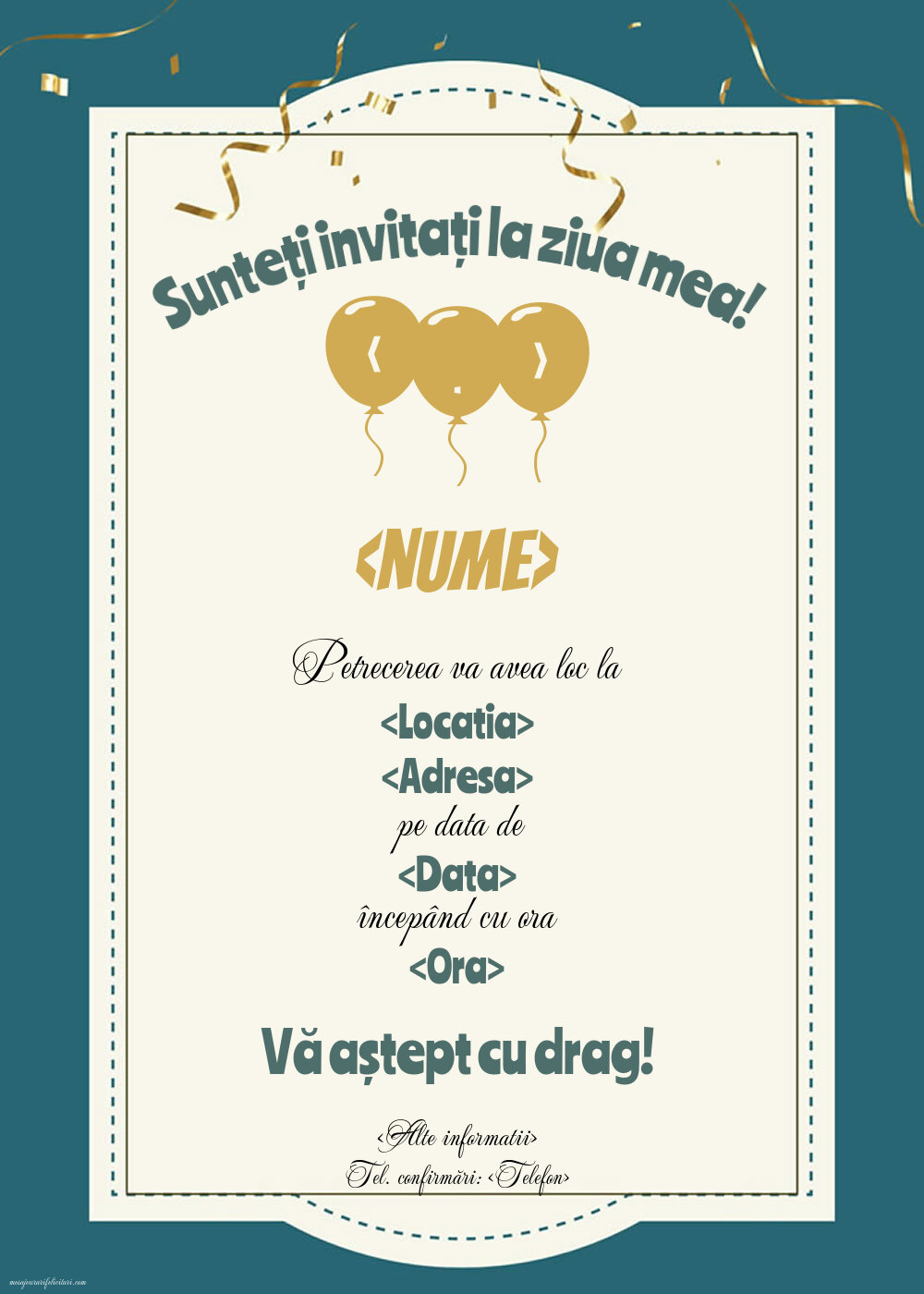 Invitație cu confimare design clasic | Personalizare invitatii la zi de nastere