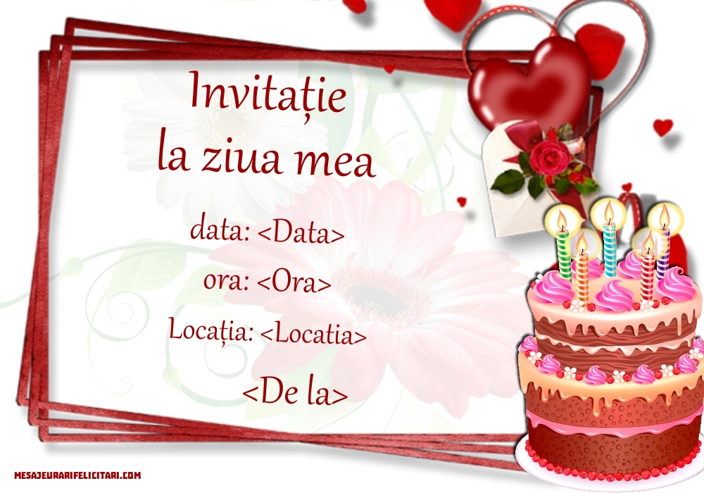 Invitație simplă  cu tort si inimioare si background cu flori | Personalizare invitatii la zi de nastere