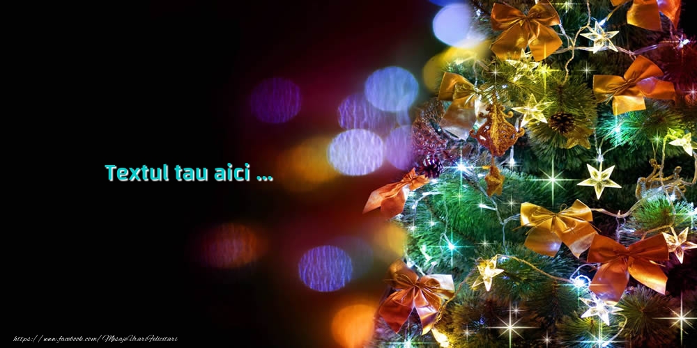 Personalizare felicitari cu text de Anul Nou | Imagine cu bradul impodobit pe fundal negru