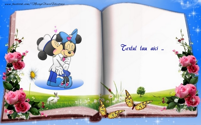 Personalizare felicitari cu text pentru copii | Imagine cu Mickey si Minnie intr-o carte