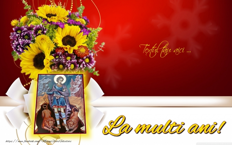 Personalizare felicitari cu text de Sfântul Ștefan | Imagine cu icoana cu sfântul Ștefan  pe fundal roșu cu o vază cu flori