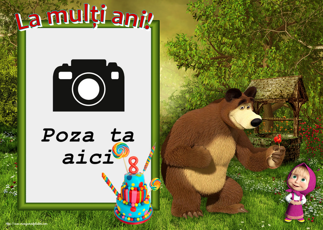 Personalizare felicitari pentru copii | La mulți ani! - Rama foto ~ Masha si ursul - Tort 8 ani