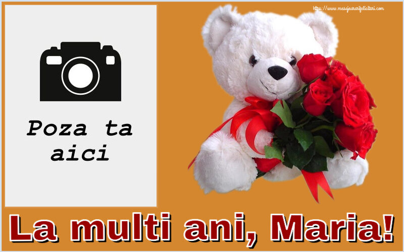 Personalizare felicitari de Sfanta Maria Mare | Rama foto - ursulet alb cu trandafiri rosii