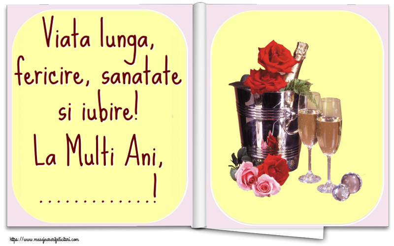 Personalizare felicitari de la multi ani | Urare de la multi ani - șampanie în frapieră & trandafiri