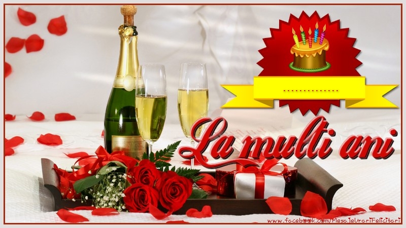 Personalizare felicitari de la multi ani | Imagine personalizată de la mulți ani cu masa festivă cu șampanie, tort, cadouri și trandafiri roșii