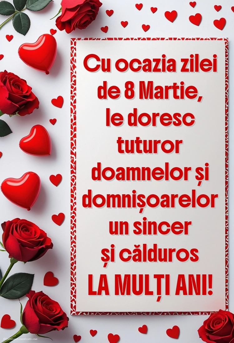 Imagini și felicitări cu mesaje de 8 Martie - Ziua Femeii: Trandafiri și inimioare