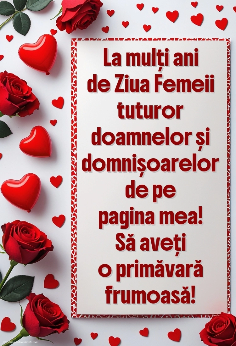 Imagini și felicitări cu mesaje de 8 Martie - Ziua Femeii: Trandafiri și inimioare