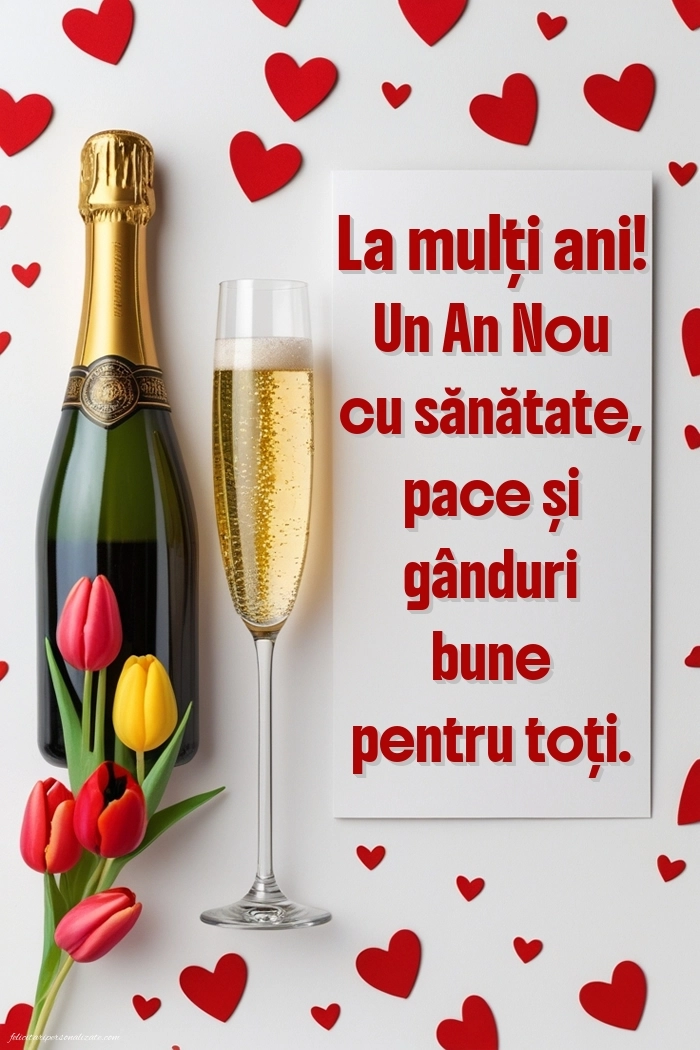 Poze de Anul Nou 2026 cu mesaje: Șampanie și lalele