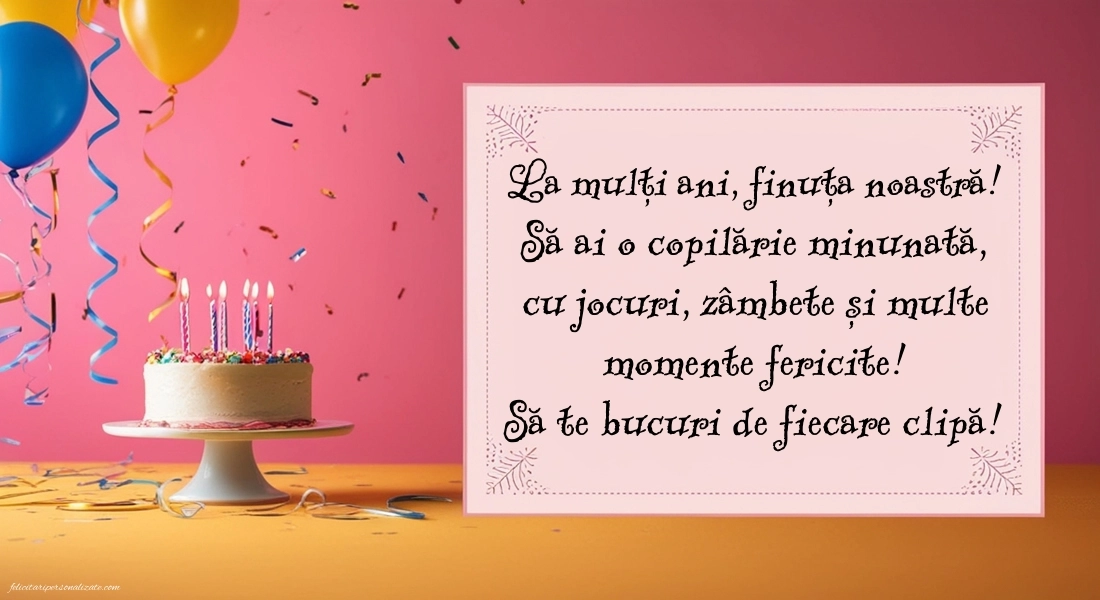 Felicitări frumoase de Ziua de Naștere pentru Finuță: Baloane și Tort