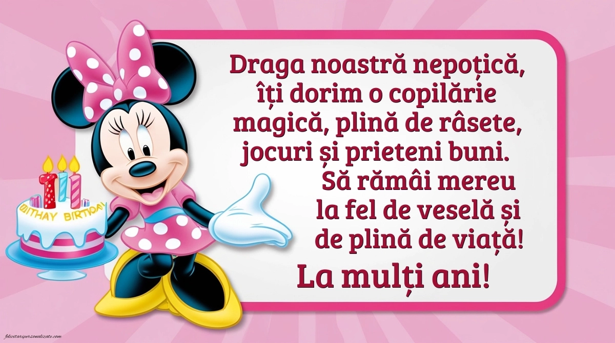 Felicitări frumoase de Ziua de Naștere pentru Nepoțică: Minnie Mouse