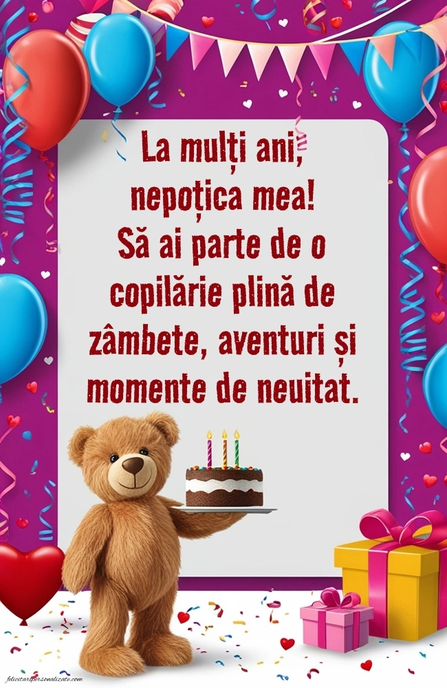 Felicitări frumoase de Ziua de Naștere pentru Nepoțică: Ursuleț și tort