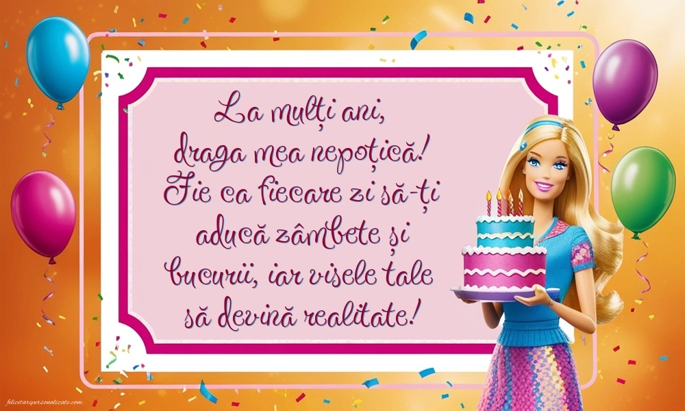 Felicitări frumoase de Ziua de Naștere pentru Nepoțică: Barbie
