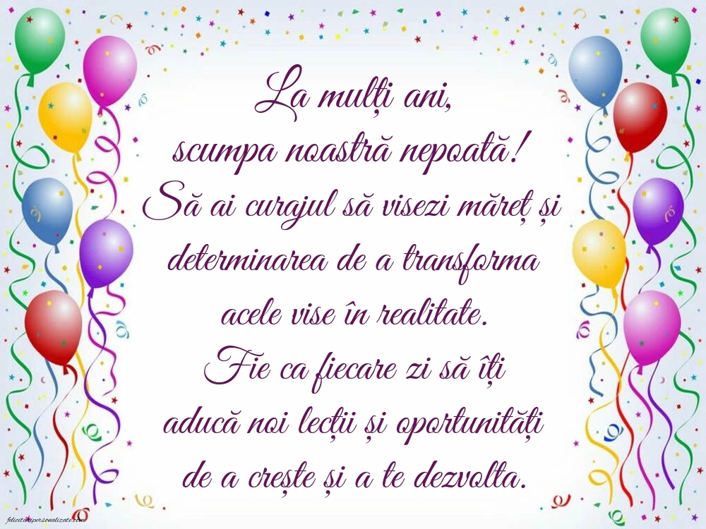 Felicitări frumoase de Ziua de Naștere pentru Nepoțică: Baloane