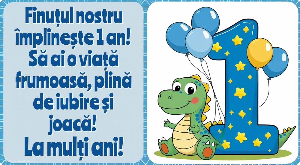 Imagini cu felicitări de LA MULȚI ANI pentru Finuțul tău de 1 an: Dinosaur și baloane