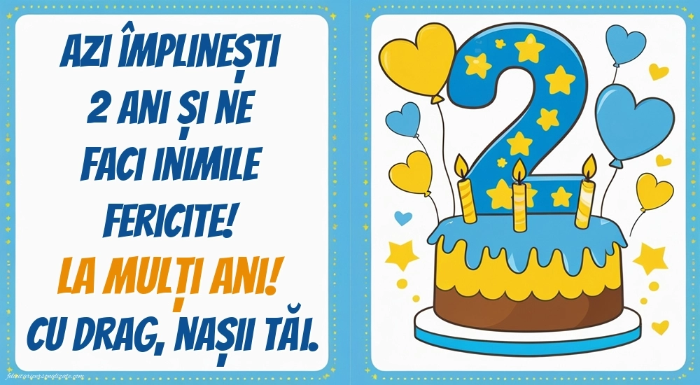 Imagini cu felicitări de LA MULȚI ANI pentru Finuțul tău de 2 ani: Tort și inimioare