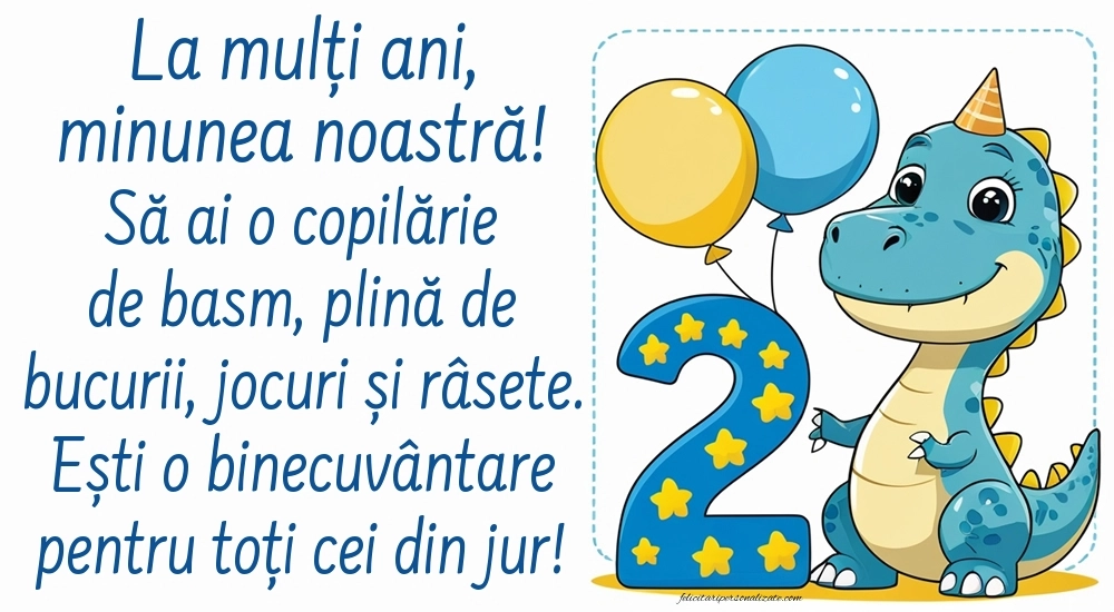 Imagini cu felicitări de LA MULȚI ANI pentru Finuțul tău de 2 ani: Dinosaur și baloane