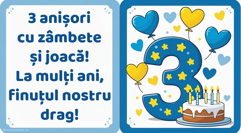 Imagini cu felicitări de LA MULȚI ANI pentru Finuțul tău de 3 ani: Tort și inimioare