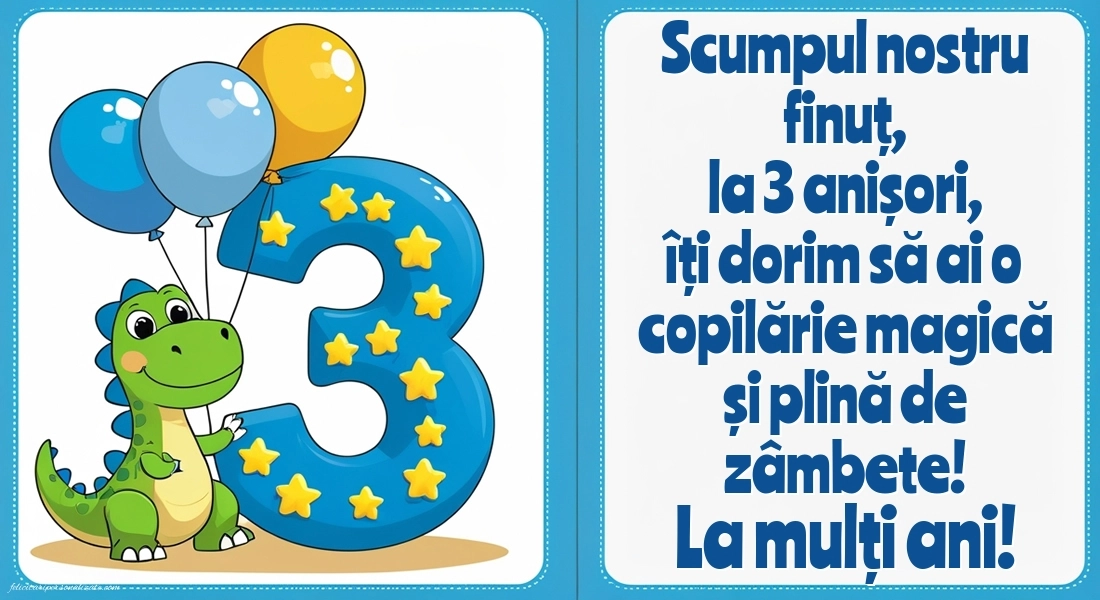 Imagini cu felicitări de LA MULȚI ANI pentru Finuțul tău de 3 ani: Dinosaur și baloane