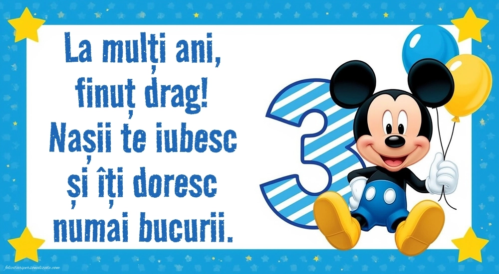 Imagini cu felicitări de LA MULȚI ANI pentru Finuțul tău de 3 ani: Mickey Mouse