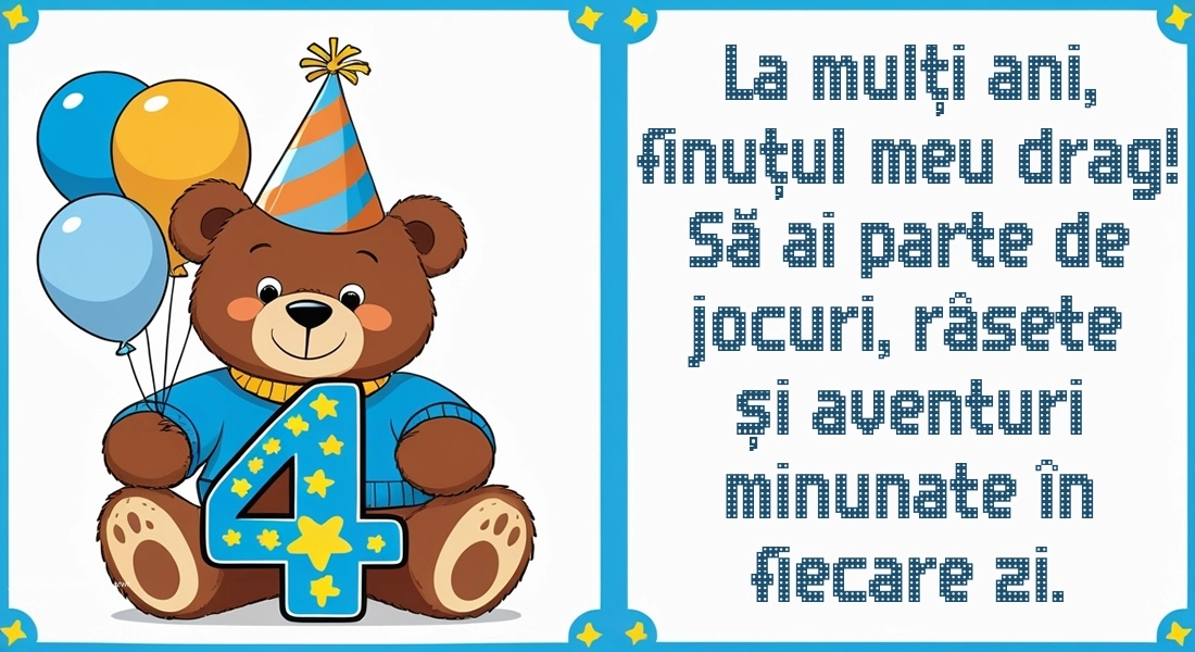 Imagini cu felicitări de LA MULȚI ANI pentru Finuțul tău de 4 ani: Ursuleț și baloane