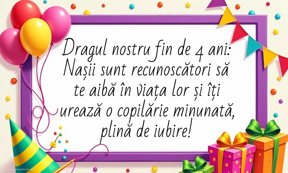 Imagini cu felicitări de LA MULȚI ANI pentru Finuțul tău de 4 ani: Baloane și Cadouri