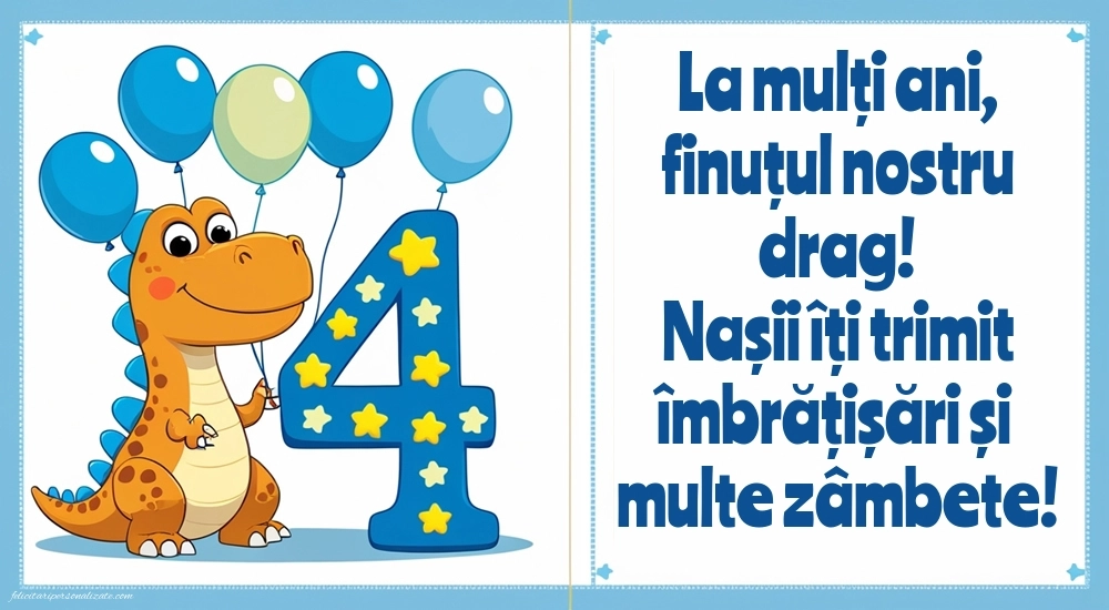 Imagini cu felicitări de LA MULȚI ANI pentru Finuțul tău de 4 ani: Dinosaur și baloane