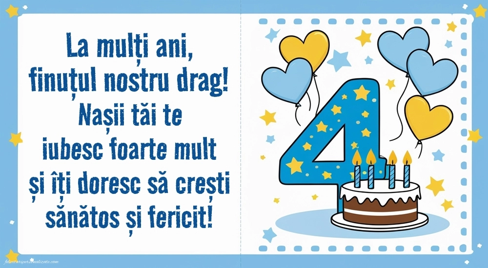 Imagini cu felicitări de LA MULȚI ANI pentru Finuțul tău de 4 ani: Tort și inimioare