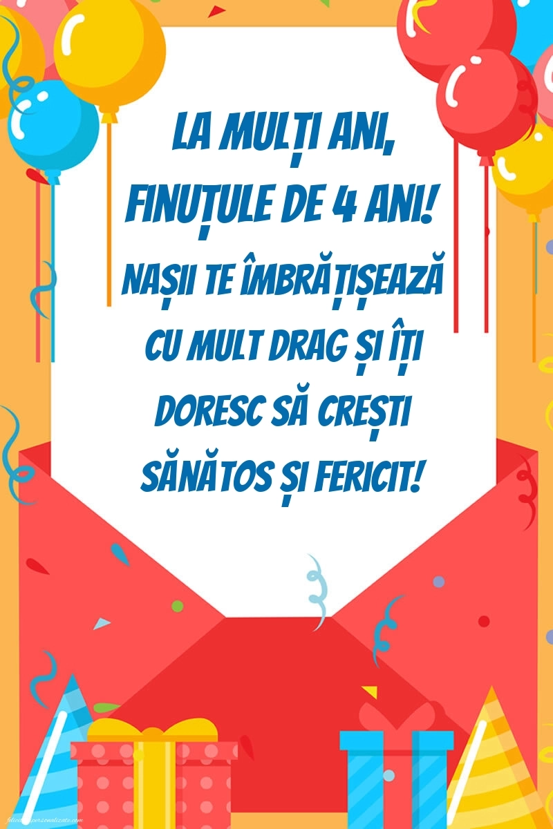 Imagini cu felicitări de LA MULȚI ANI pentru Finuțul tău de 4 ani: Baloane și Cadouri