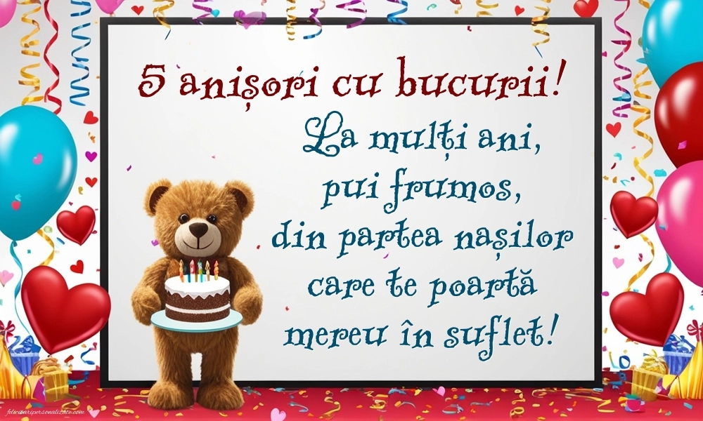 Imagini cu felicitări de LA MULȚI ANI pentru Finuțul tău de 5 ani: Ursuleț și tort