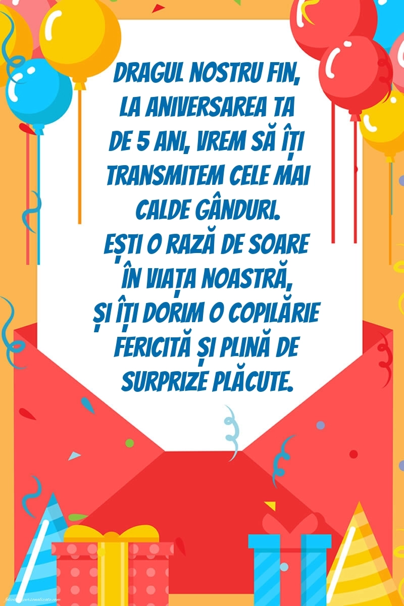 Imagini cu felicitări de LA MULȚI ANI pentru Finuțul tău de 5 ani: Baloane și Cadouri