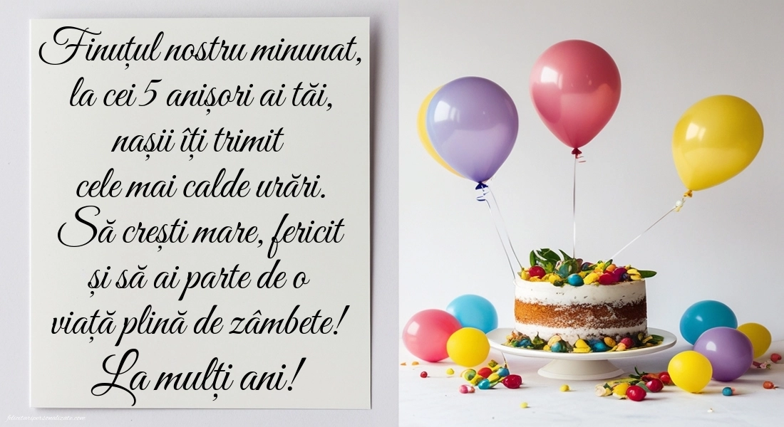 Imagini cu felicitări de LA MULȚI ANI pentru Finuțul tău de 5 ani: Tort și baloane