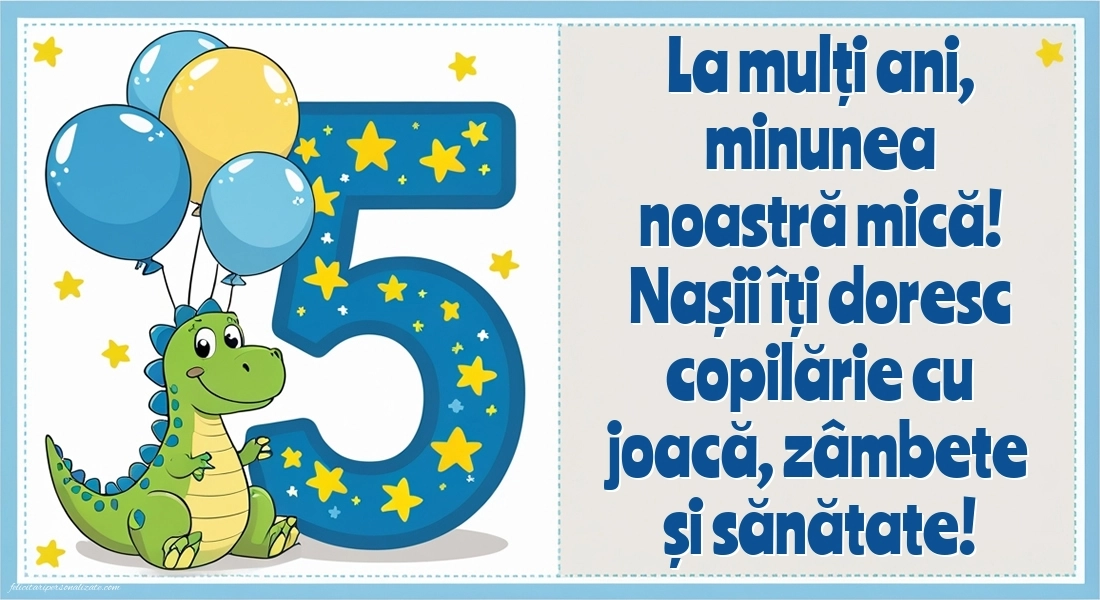 Imagini cu felicitări de LA MULȚI ANI pentru Finuțul tău de 5 ani: Dinosaur și baloane
