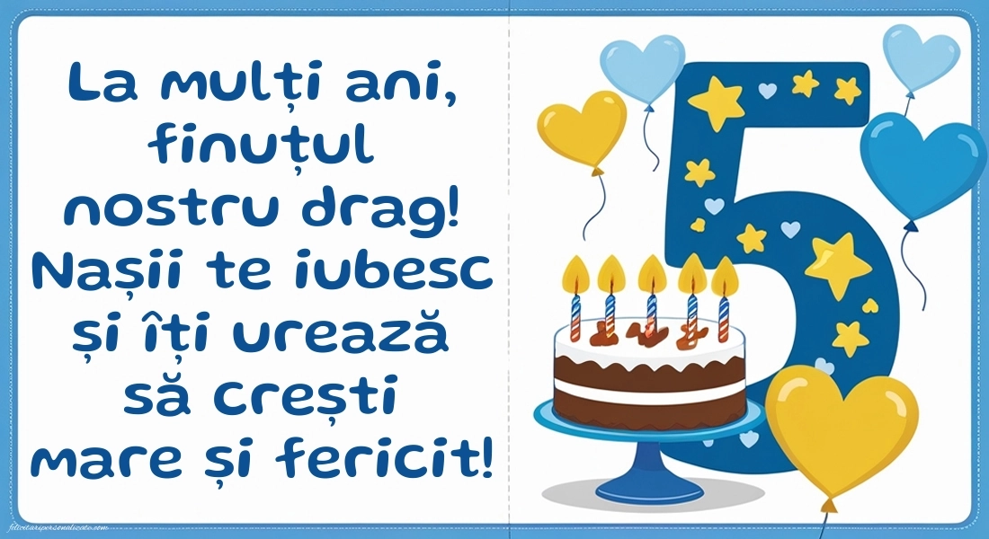 Imagini cu felicitări de LA MULȚI ANI pentru Finuțul tău de 5 ani: Tort și inimioare