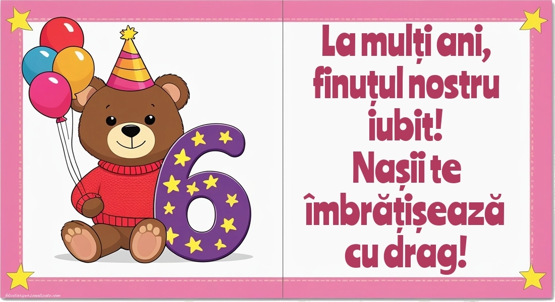 Imagini cu felicitări de LA MULȚI ANI pentru Finuțul tău de 6 ani: Ursuleț și baloane