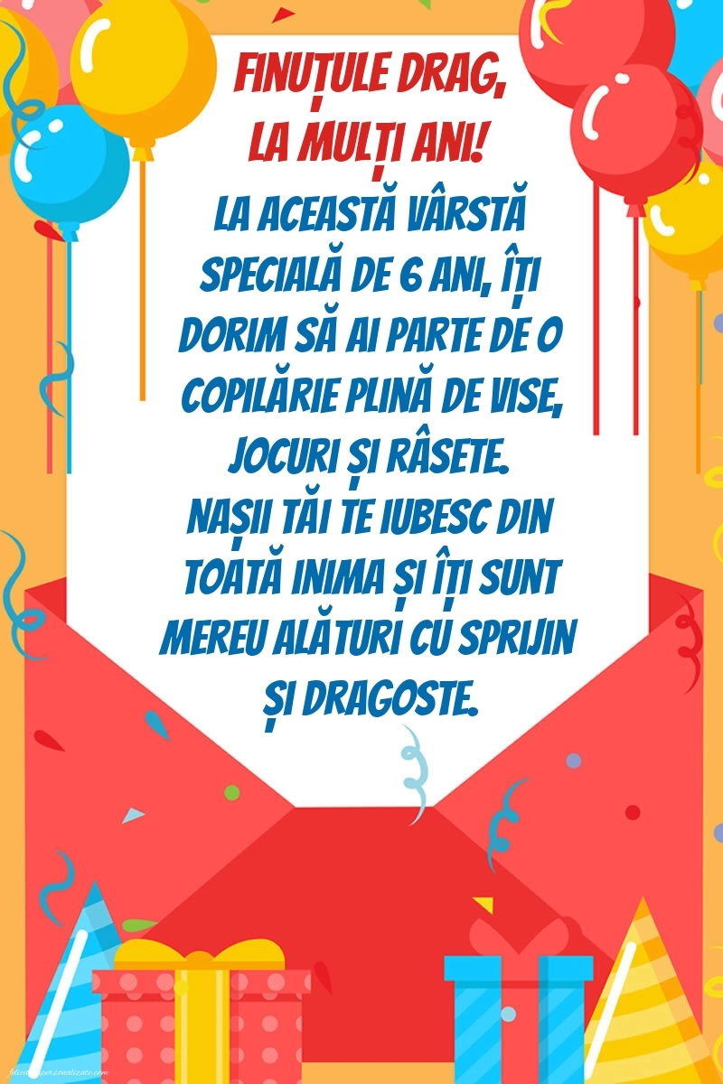 Imagini cu felicitări de LA MULȚI ANI pentru Finuțul tău de 6 ani: Baloane și Cadouri