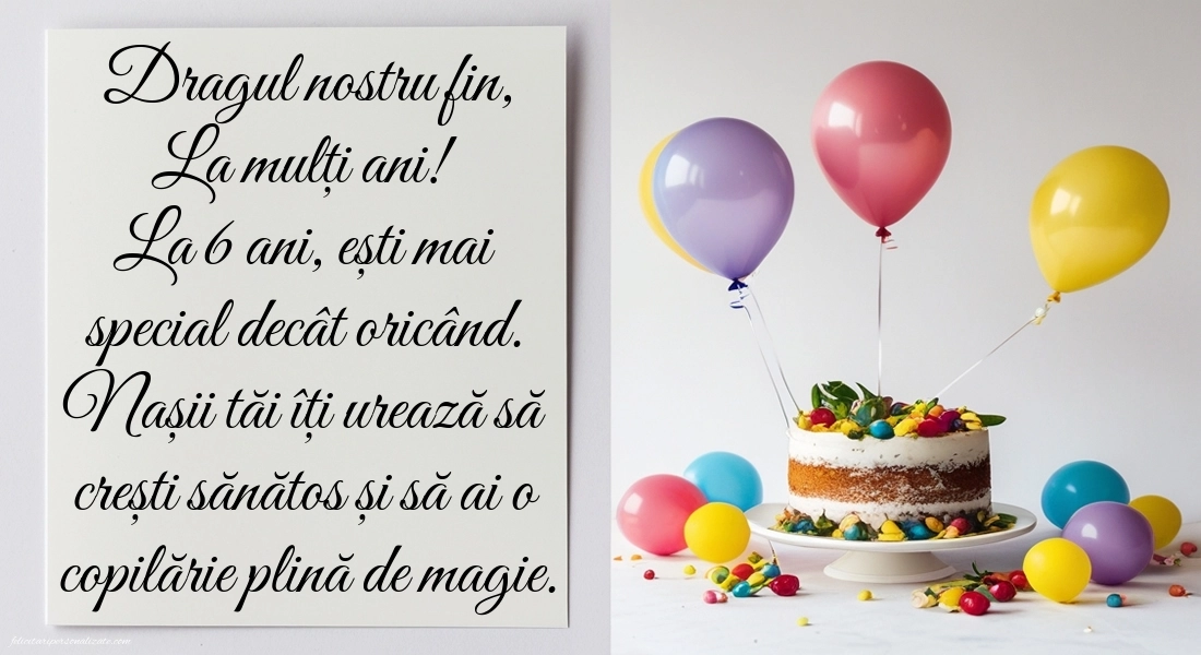 Imagini cu felicitări de LA MULȚI ANI pentru Finuțul tău de 6 ani: Tort și baloane