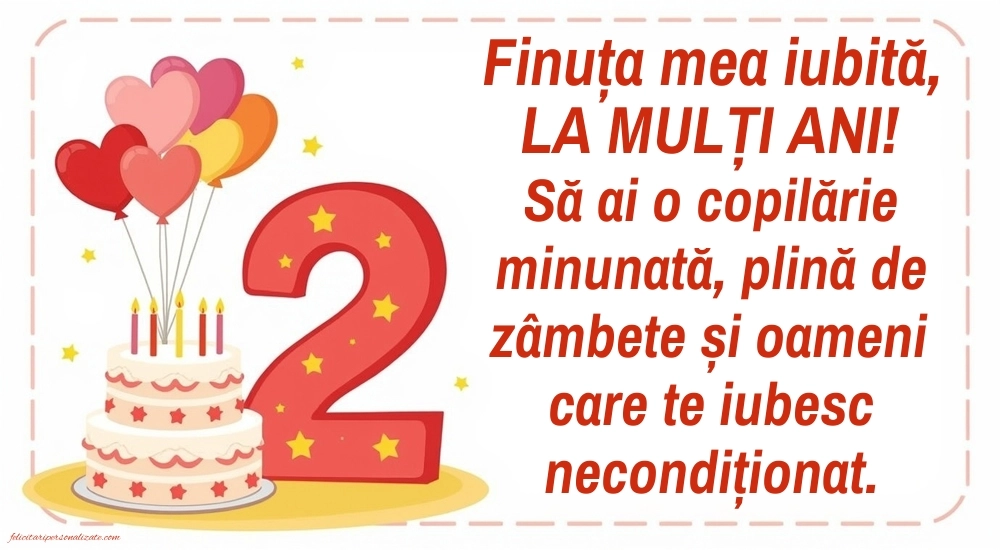 Imagini cu felicitări de LA MULȚI ANI pentru Finuța ta de 2 anișori: Tort și inimioare