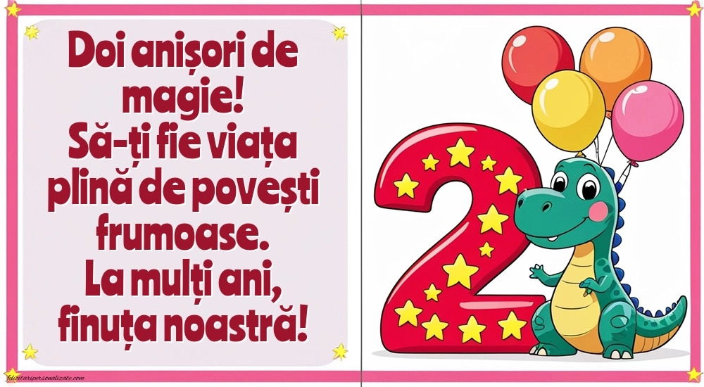 Imagini cu felicitări de LA MULȚI ANI pentru Finuța ta de 2 anișori: Dinosaur și baloane