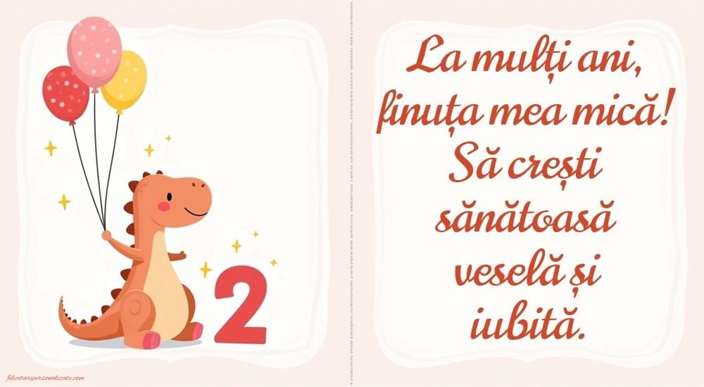Imagini cu felicitări de LA MULȚI ANI pentru Finuța ta de 2 anișori: Dinosaur și baloane