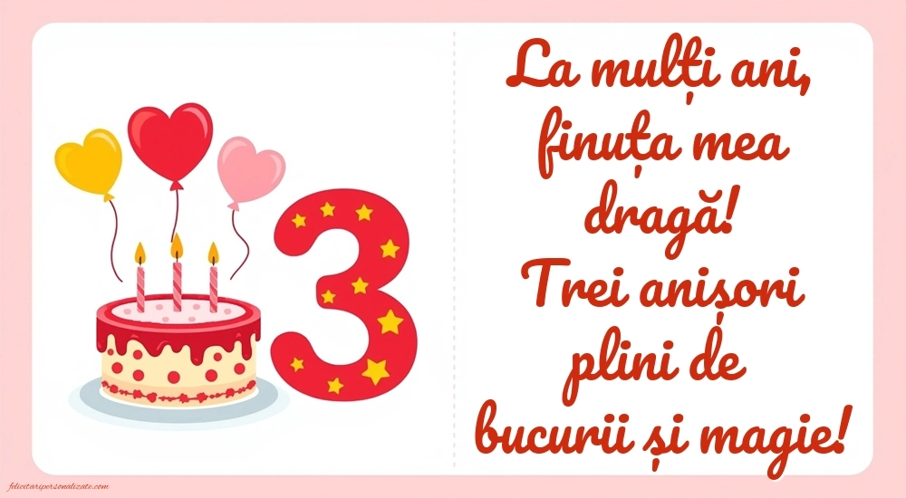 Imagini cu felicitări de LA MULȚI ANI pentru Finuța ta de 3 ani: Tort și inimioare